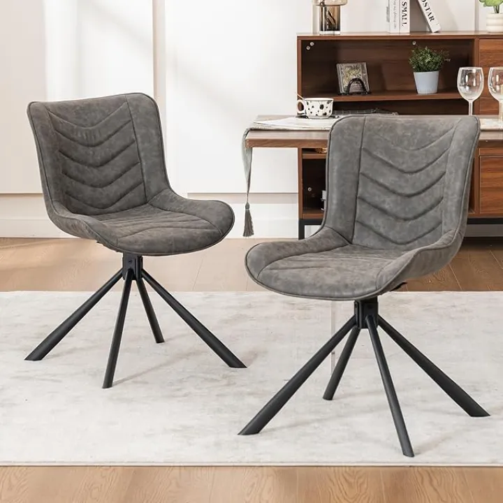 Swivel Dining Chairs Set of 2 Mid Century Modern Kitchen Room Chairs, Upholstered Faux Leather Accent Side Chair with Metal Legs for Bedroom, Living Room,Dark Gray