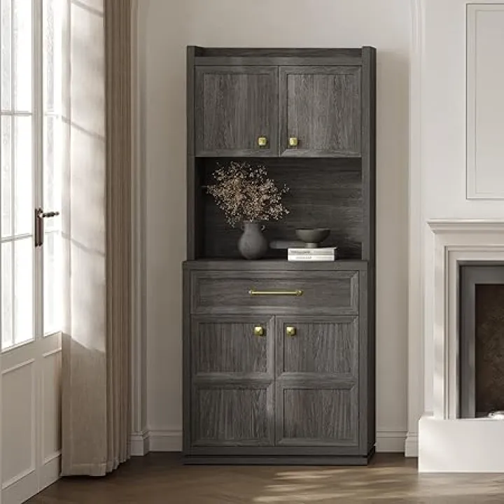 SICOTAS Pantry Cabinet Storage Cabinet with Doors and Shelves Coffee Bar Tall Kitchen Storage Cabinets with Drawer Food Pantry Cabinets Hutch for Kitchen Living Room Dining Room Office, Dark Gray Oak