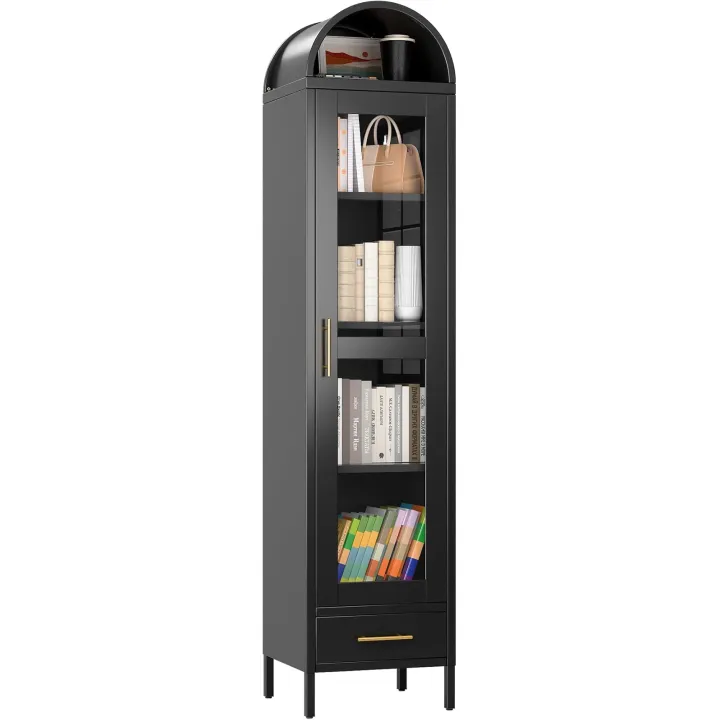 73''H Metal Arched Bookcase Cabinet, Arch Display Storage Cabinet with Glass Doors & Shelves and 1Drawer for Living Room, Kitchens,Office, Black, Assembly Required