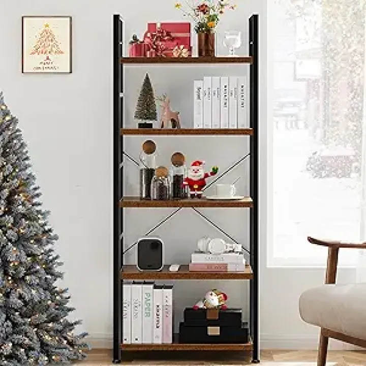 Whitmor 5 Tier Modern Industrial Corner Bookcase - Tall Bookshelf Storage Organizer for Books, CDs, Movies, Garage Supplies - Fits Bedroom, Home Office, Kitchen, Living Room - Black