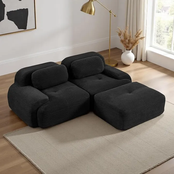 81.8” Modular Sectional Sofa, Corduroy Boneless Sofa with Deep Seat and Button Tufted Cushions, Comfy L-Shape Cloud Sectional Love Seat Couches for Living Room Bedroom, No Assembly