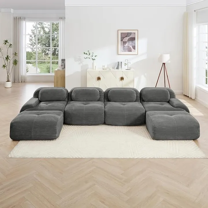152.7” Modular Sectional Sofa, Corduroy Boneless Sofa for Living Room, Comfy 6 Seater U Shaped Cloud Couch Sectional with Deep Seat and 2 Ottoman & Button Tufted Cushions, No Assembly
