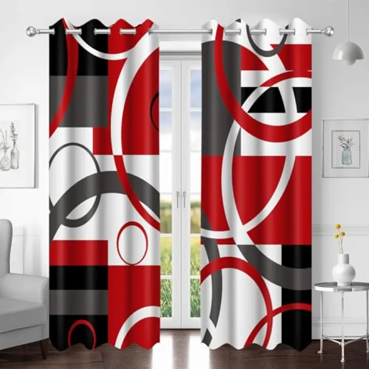 MYUSRE Red Geometric Blackout Curtains for Living Room, Grey Black and White Abstract Striped Window Curtains for Bedroom Decor Darkening Drapes 2 Panels Set, 42W X 84L inches