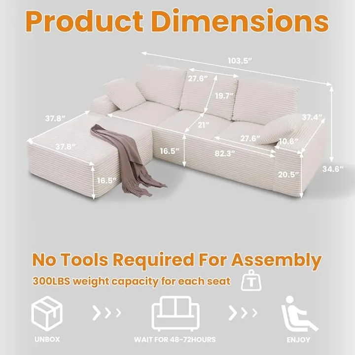 Modular Sectional Sofa, Cloud Sectional Couch with Ottoman, Upholstered 3 Seat Modular Sofa with Deep Seat, Modern Boneless Couches for Living Room Bedroom Apartment, No Assembly Required, White