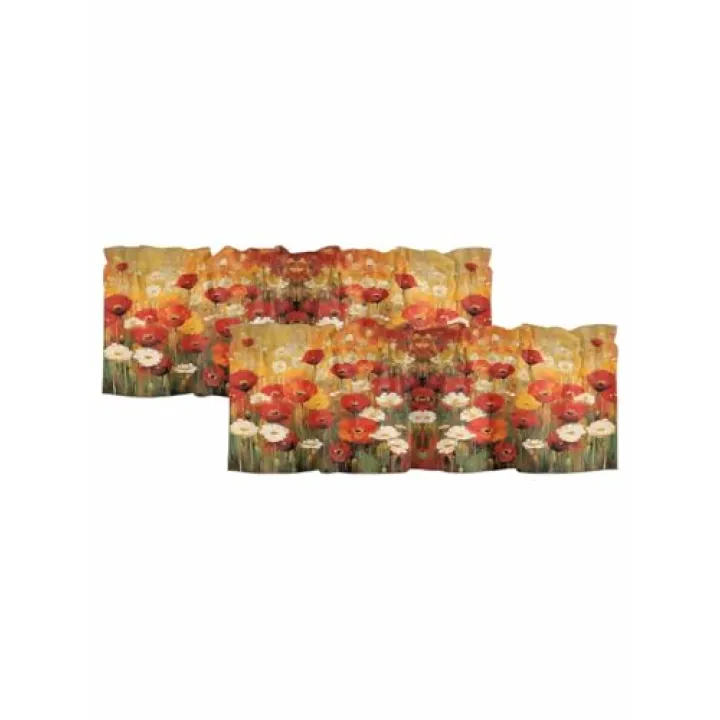 Prime Leader 2 Pack Curtain Valance for Windows Retro Floral Red White Poppy Flowers Lawn Oil Painting Rod Pocket Short Curtains Window Treatments for Kitchen Bathroom Living Room Bedroom, 42x12 Inch