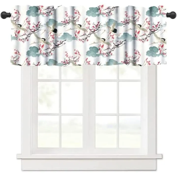 moderw Crane Valance Curtain Watercolor Oriental Vintage Asian Chinese Traditional Bird Floral Clouds Window Treatment Valance for Farmhouse Home Dining Room Kitchen Bedroom 54x18inch