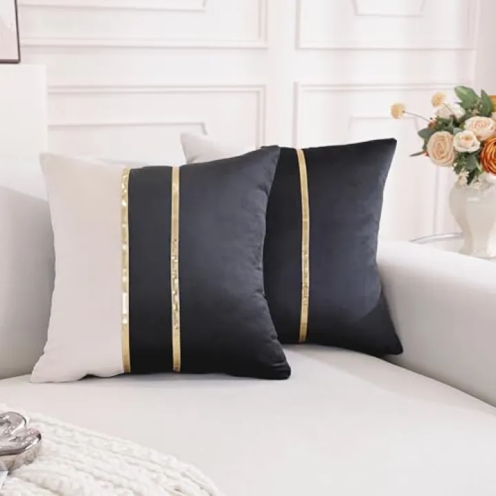 TAOSON Velvet Throw Pillow Covers,Pack of 2 Soft Decorative Cushion Covers Cases Black Beige Patchwork with Gold Leather for Sofa Bedroom Livingroom Car, 20 x 20 Inch
