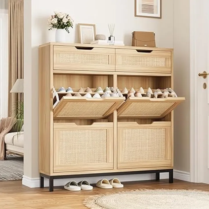 Narrow Rattan Shoe Organizer Cabinet with 4 Flip Drawers, Shoe Rack for Entryway Storage, Adjustable Shelves for Boots & Heels, Shoe Cabinet for Women & Kids, 9.1" D x 39.6" W x 40.3" H (Rustic Oak)