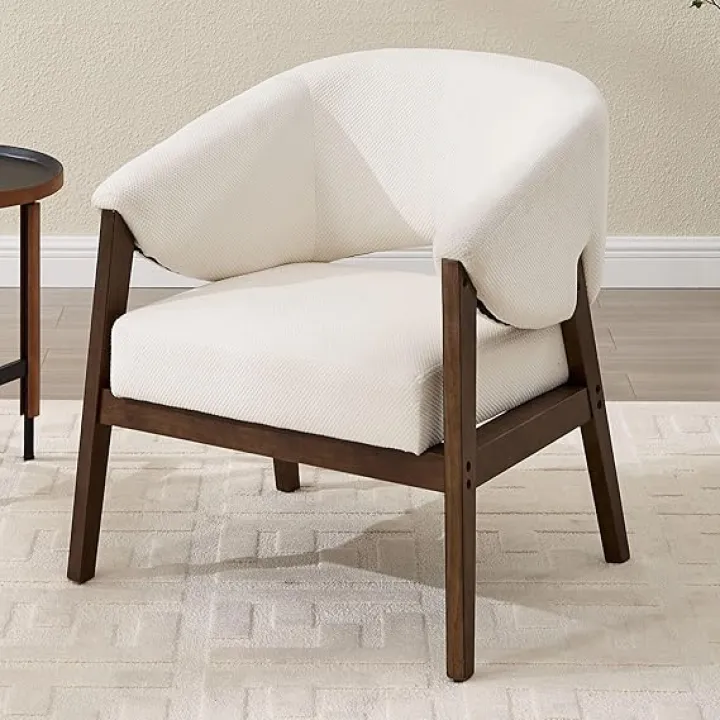 Mid-Century Modern White Accent Armchair Chenille Upholstered Lounge Chair with Walnut Wood Legs, Wide Soft Cushion Accent Chair for Office/Bedroom/Living Room/Reading Nook,1PC