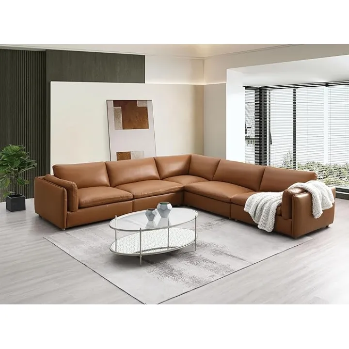 Contemporary Modular Sectional Sofa with Plush Comfort, Brown Top Grain Leather, Includes Versatile Ottoman