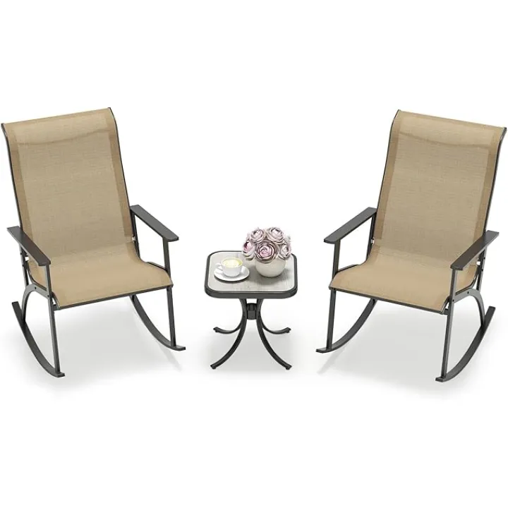 Tangkula 3 Piece Patio Rocker Set, Heavy-Duty Rocking Bistro Chairs & Table Set w/High Backrest & Wood-Plastic Tabletop, Outdoor Ergonomic Rocking Armchairs w/Side Table for Porch, Yard, Balcony
