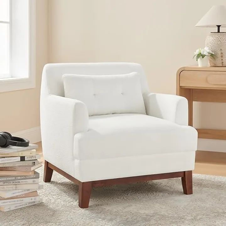 Modern Accent Chair with Terry Fabric, Upholstered Armchair with Spring Package Cushion & Solid Wood Frame, Comfy Lounge Chair for Living Room, Bedroom, or Reading Corner, Terry, White