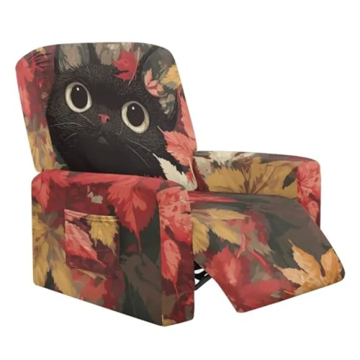 FOR U DESIGNS Black Cat and Maple Leaves 4-Piece Recliner Covers Stretch Fabric with Elastic Edges Non Slip Storage Pockets Washable Furniture Protector for Small Recliners