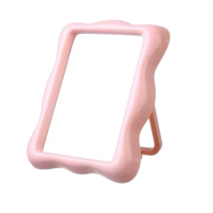 Pink Artistic Wave Vanity Mirror (7"x5.5") - Dual-Use Wall Mount/Desktop Stand, Irregular Border Decorative Mirror for Makeup Nursery