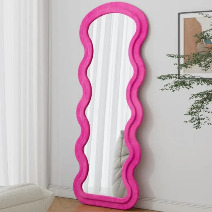 AYJOIR Full Length Mirror 63"x24", Irregular Wavy Mirror, Large Floor Length Mirrors Wall Mounted, Standing Wavy Mirrors with Flannel Wrapped Wooden Frame for Bedroom/Living Room (Pink)