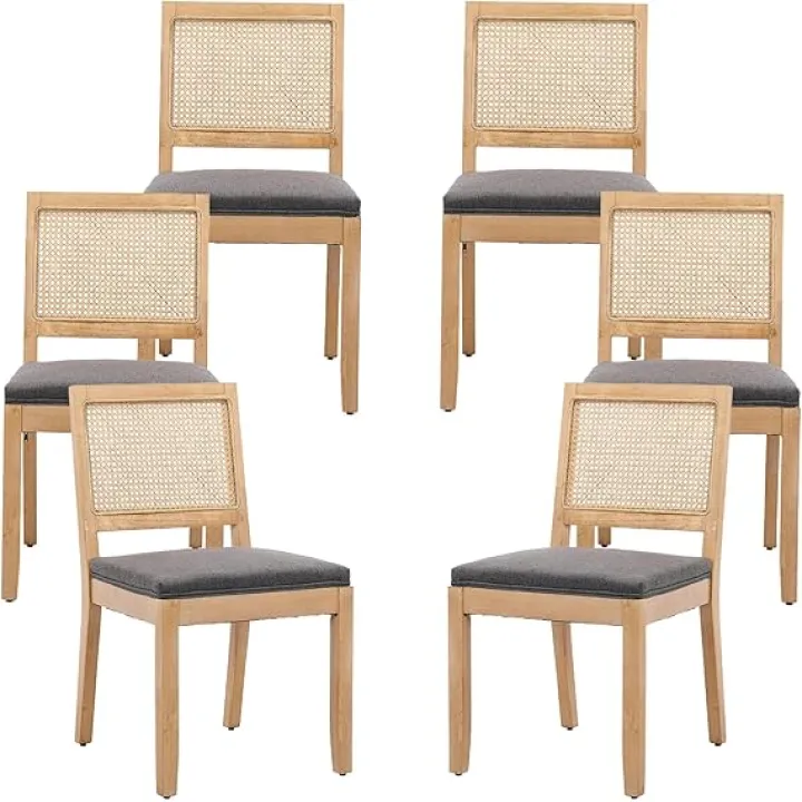 French Country Dining Chairs Set of 6, Grey Kitchen & Dining Room Chairs Set of 6, Rattan Dining Chairs, Cane Low Back, Wood Legs, Sillas De Comedor (Rattan, Gray, 6Pcs)