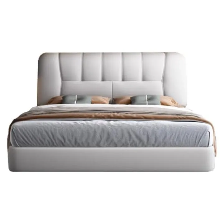 LSIGHTUS White Modern Full Size Bed Frame Leather Upholstered Platform Ergonomic Upholstered Headboard Noise-Free