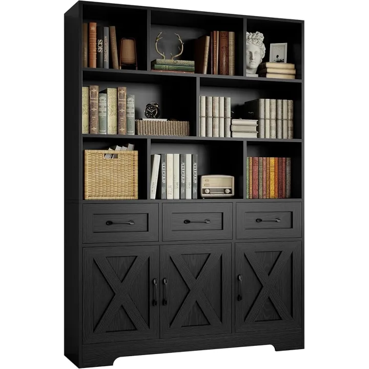IRONCK Bookshelf with 3 Drawers, 71" Bookcase with Doors, Triple Wide Bookshelves, 6 Tier Tall Bookshelf with Storage Cabinet for Home Office, Living Room, Black