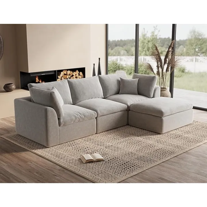 110" Cloud Sectional Couches for Living Room, Boneless L-Shape Couch with Ottoman, 3 Seater Modular Sectional Sofa, Light Grey