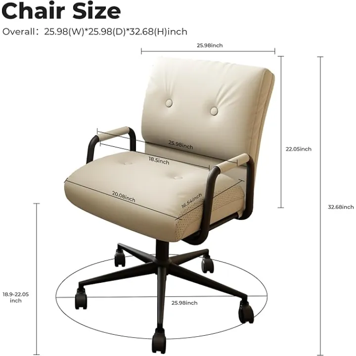 Home Office Desk Chair with Wheels, Adjustable Height Office Chair, 360° Small Computer Chair, Multi Fabric & Color Options, Ergonomic Desk Chair for Reading, Bedroom (Leather, White)