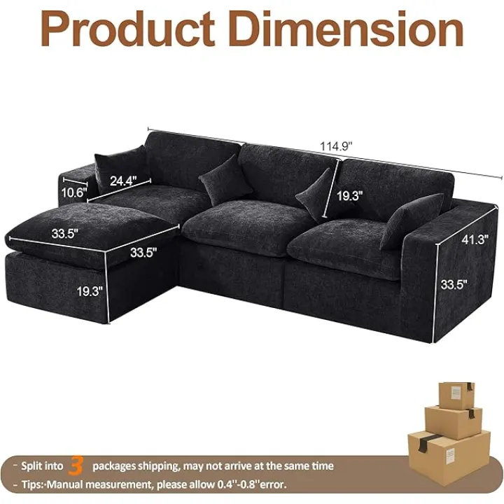 115''Cloud Boneless Sectional Couch, Modular Sectional Sofa Deep Seat with Ottoman, Oversized Upholstered Convertible Comfy 4 Seater Chenille Sofa L Shape Couches for Living Room, Dark