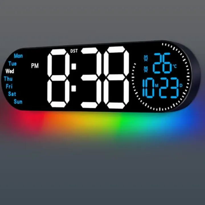 GLOKUUCA 17.2 Inch Large Digital Wall Clock with 9 Color Changing Remote Control, Date Week Temperature, Auto Brightness Dimmer Big Clock Night Lights,Blue
