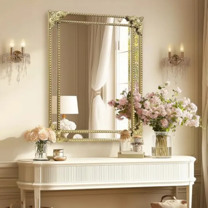 Vintage Rectangular Wall Mirror with Antique Carved Frame – 24x32 Inch Decorative Wall Mirror for Living Room, Bedroom, Entryway, or Bathroom – Classic Baroque Style Accent Mirror, Vintage Gold