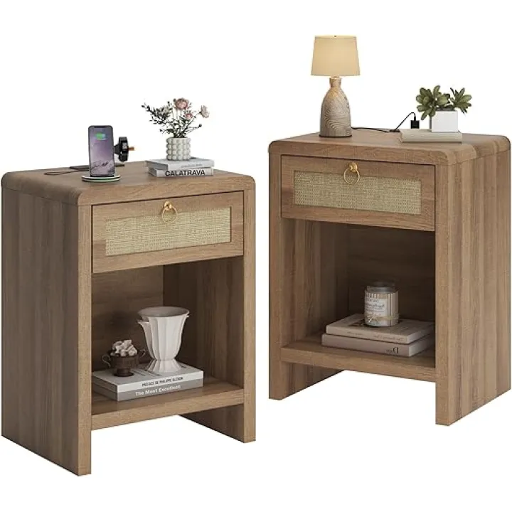 Rattan Nightstand Set of 2, Boho Bedside Table End Table with Drawer and Storage Shelf, Wood End Table Night Stand for Bedroom, Small Space, Grey Oak