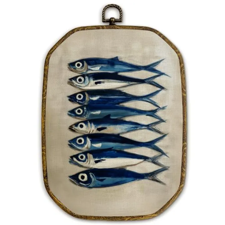 Yjeslw Coastal Beach Sardine Fish Octagon Wall Art Decor, Vintage Ocean Seafood Framed Canvas Prints, Retro Ocean Sardine Wall Hanging Decorations for Home Kitchen Dining Room Decor, 10.2x7 Inches