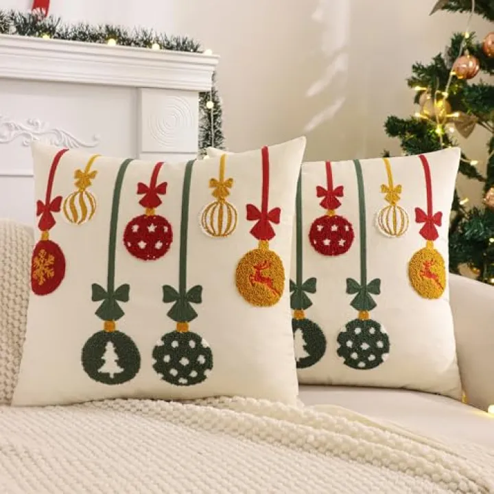Tosleo Christmas Throw Pillow Cover 18 x 18 inch Set of 2 Multicolored Jingle Bells Velvet Pillow Case Merry Xmas Party Decor Pillowcase Winter Holiday Cushion Case