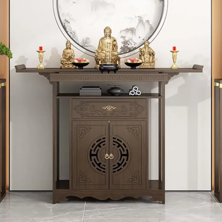 Tavolo da altare con base a credenza in stile cinese, tavolo da meditazione in bambù, santuario personale per la meditazione con spazio di archiviazione, tavolo da preghiera Puja autoportante(120cm/47