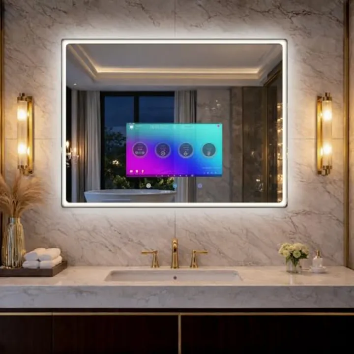 YOURYOKE 32×24 Inch Smart Vanity Bathroom Mirror with 15.6" Waterproof Touchscreen TV, Android OS, WiFi/Bluetooth/HDMI, Anti-Fog, 3-Color LED Lights for Bathroom,Bedroom,Hotel&Spa Wall Mounted