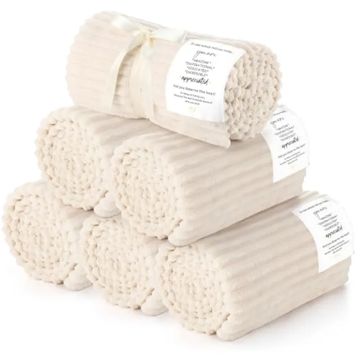 Moukeren 6 Pack Employee Appreciation Gifts Textured Thank You Blankets Bulk, 50 x 60 Inch Fuzzy Cozy Blankets with Inspirational Quote, Soft Flannel Throws for Teachers Nurses(Beige)