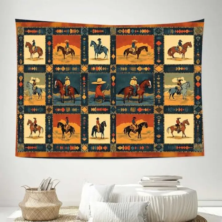 LATETOMT 60x44in Western Decorative Tapestry Vintage Horse Riding Pattern Tapestry Western Style Wall Decoration Hanging for Bedroom Living Room Dorm Home Decor LTMTADJ1172