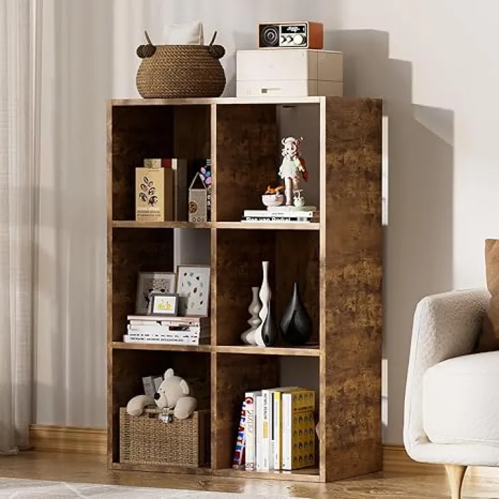 COMHOMA 6 Wood Cube Storage Organizer with Open Back and Removable Back Panels, 11In Brown Cube Storage Bookshelf, Cubicle Shelf Bookcase for Home Office Bedroom Living Room, Vertical or Horizontal