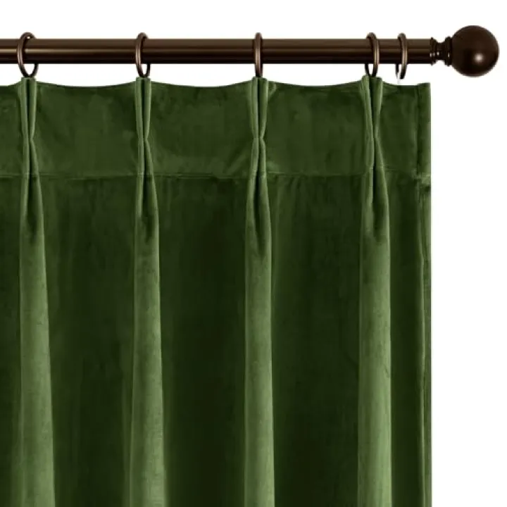 Joydeco Pinch Pleated Velvet Curtains 96 Inch Long 2 Panel Set Green Curtains for Bedroom Living Room, Thermal Insulated Back Tab Blackout Luxury Drapes with Adjustable Hooks (40”W x96”L,Olive Green)