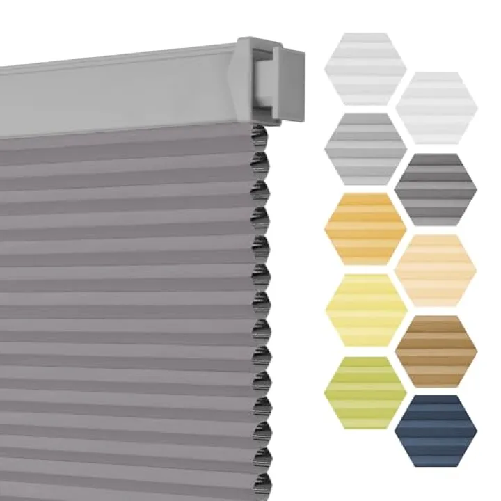 Grandekor No Drill Cellular Shades for Windows,Cordless Window Blinds for Indoor Windows,Blackout Honeycomb Shades,Thermal Insulated Noise Reduction,34" W x 64" H,Blackout-Grey-White