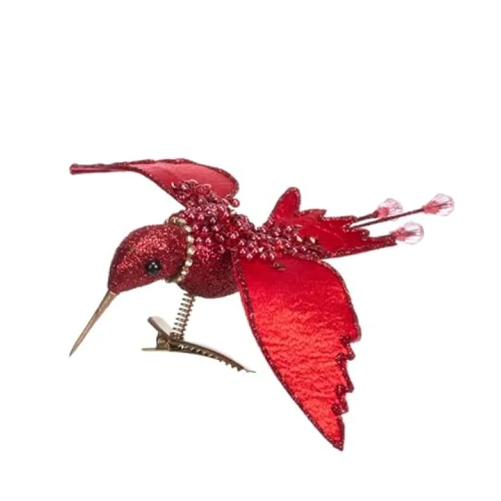 Napco Red Glitter Hummingbird Christmas Tree Topper Ornament with Clip 1.75 Inch Tall Sparkling Beaded Holiday Bird Decoration for Festive Decor & Floral Arrangements