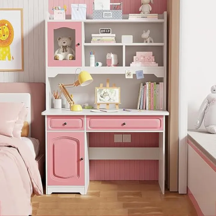 Scrivania per Computer in Legno con Gabbia E Libreria E Cassetti - Scrivania da Studio per Scrittura Carina Libreria Combo per Ragazza Ragazzo - Scrivania per Ufficio A Casa Scr, Pink, 39.4inch