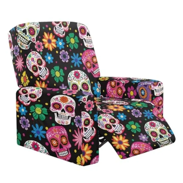 Cadowhimsy Hippie Floral Skull Print Recliner Slipcover Reclining Cover for Single Seat Recliners 4-Piece Furniture Protector Non-Slip Lazy Boy Chair Cover for Bedroom