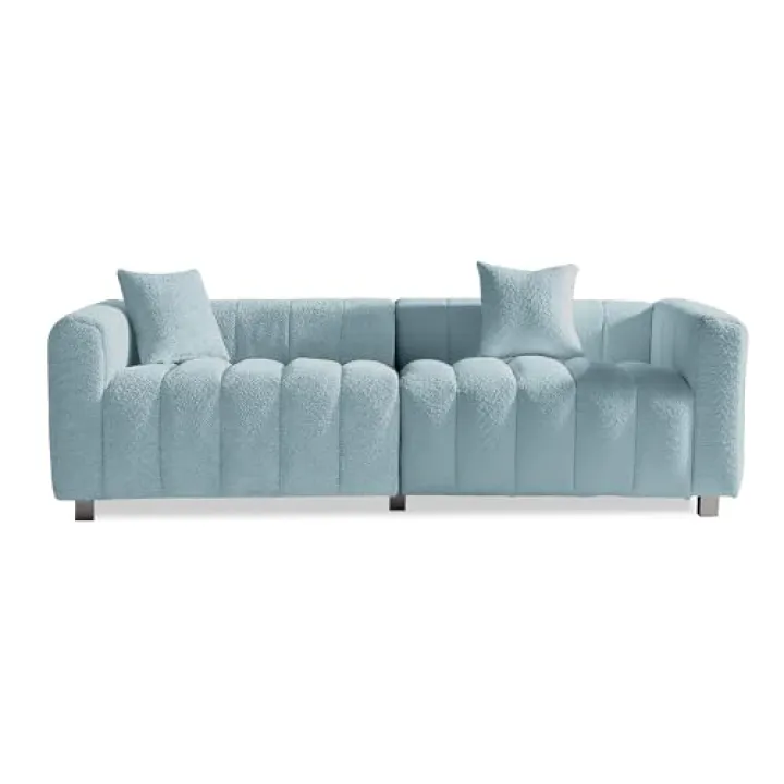 87.4 ’’ Modern Sectional Sofa, Plush Teddy Upholstered Couch with Tufted 3-Seater with 2 Throw Pillows Comfortable Sofa Soft Cozy Fabric for Living Room Office (Blue)