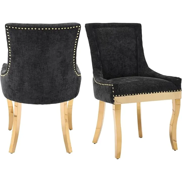 Aoowow Chenille Fabric Upholstered Side Chairs Set of 2, Solid Wood Kitchen Dining Room Chairs with Nailheads Solid Wood Legs (Black-Gold, Set of 2)