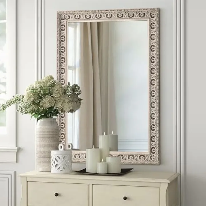 Autdot Vintage Farmhouse White Bathroom Mirrors for Over Sink, 36.6" x 24.8" Decorative White Wall Mirror with Ornate Butterfly Carvings Solid Wood Frame, for Bedroom, Living Room, Entryway