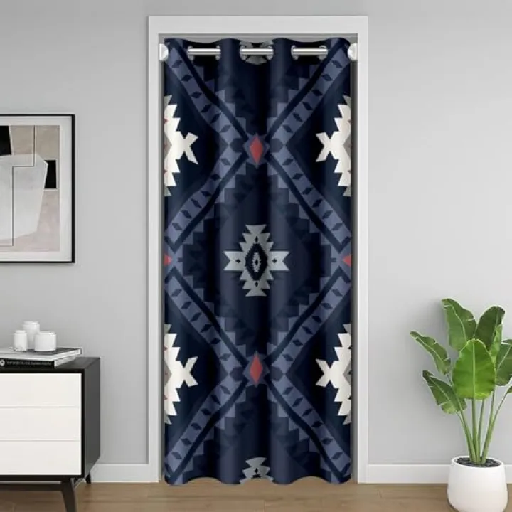 Erosebridal Western Boho Aztec Door Curtain for Doorway Privacy Rustic Farmhouse Diamond Blackout Curtain Southwestern Door Drape Blue Gray Geometric Window Treatment 34" W x 80" L