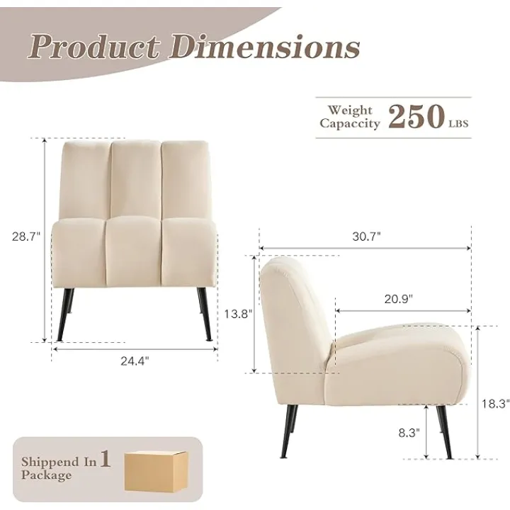 Mlmh & Kngwa 24.4" W Modern Accent Chair Set of 2 Armless Accent Chairs Upholstered Velvet Reading Sofa for Living Room Bedroom, Beig