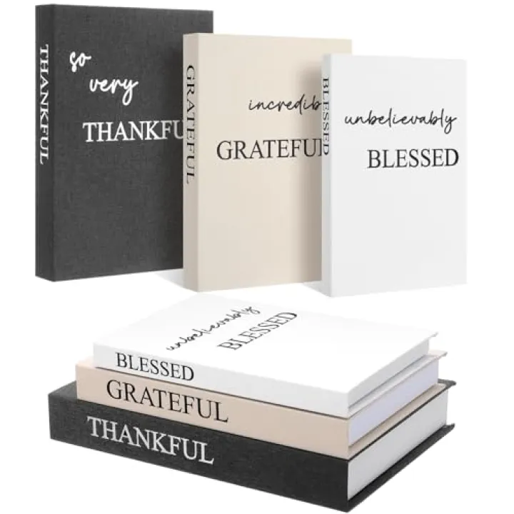 Weysat Set of 3 Thankful Grateful Blessed Decorative Books for Home Decor Linen Faux Books Stacked Neutral Modern Aesthetic Fake Storage Boxes for Coffee Table, Bookshelf or Mantle Display