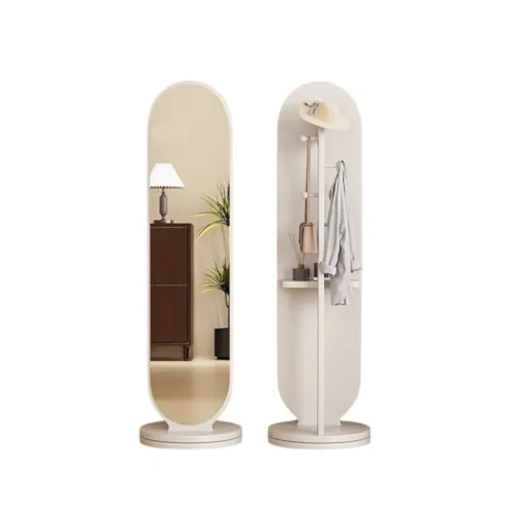 Buhelyc Home Floor Standing Clothes Rack and Mirror with Storage Shelf and Hooks & Rods 360° Rotating Arched Full Length Mirror for Cloakroom Living Room Bedroom(Size:40cm/15.7in Width,Color:White)