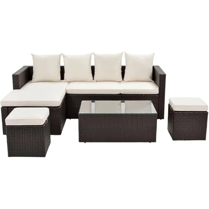 5 Piece Patio Furniture PE Rattan Wicker Combo Recliner Sofa Set with Glass Table and Adjustable Chairs