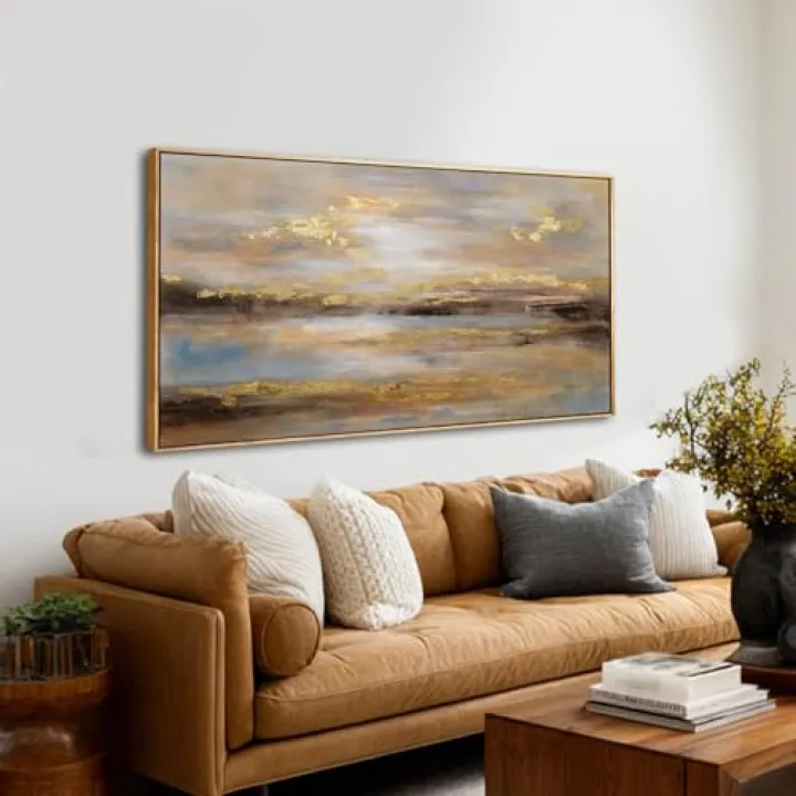 Gold Abstract Wall Art Decor Neutral Canvas Pictures Wooden Framed Wall Decor Colorful Art Prints for Living Room Dining Room Bedroom 24x48 Inch