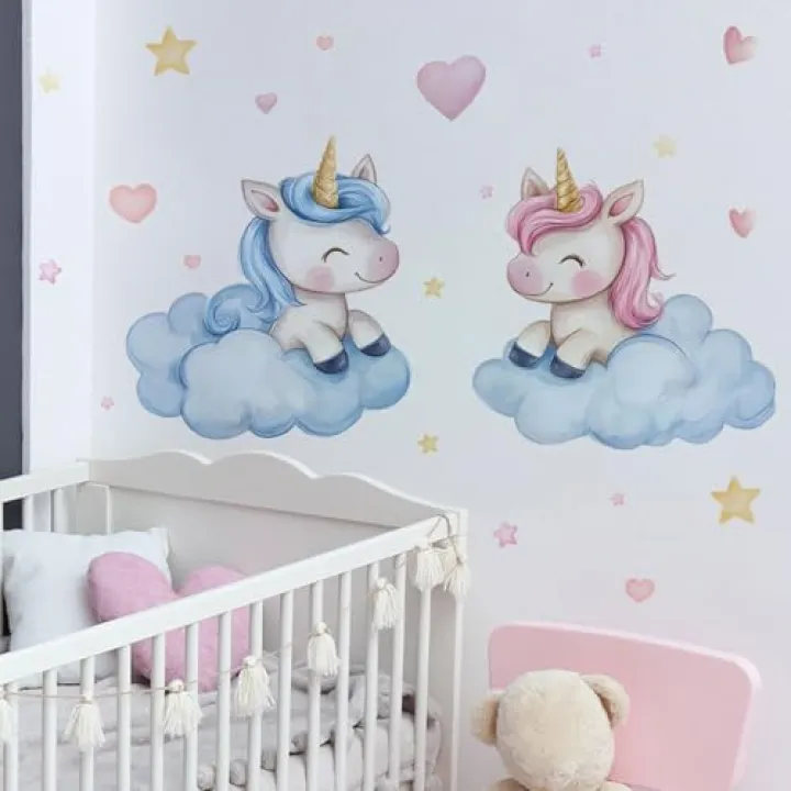 fufuquare Cartoon Pastel Cute Unicorn Wall Stickers with Cloud, Star, Love Symbol, Peel and Stick Nursery Decor for Girls, Kids Bedroom, Kindergarten